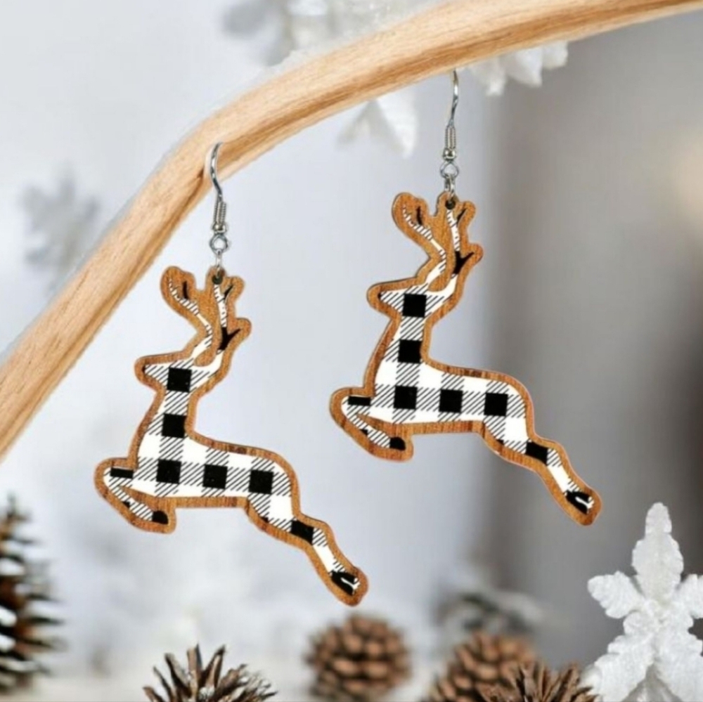 Checkered Black & White Reindeer Plaid Wooden Dangle Drop Christmas Earrings